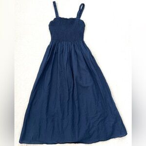 J. Crew Dark Blue Casual Spaghetti Strap Sun Dress Linen/Cotton Blend Prairie